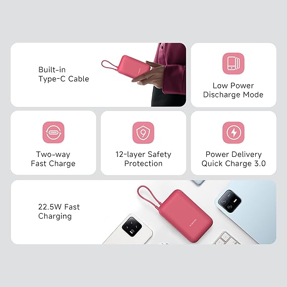 Xiaomi Pocket Power Bank 10000mAh 22.5W Fast Charging|Inbuilt Cable|Slim & Compact|Power Delivery|QC 3.0|Type-C Input & Output|3 Output Port|Maroon|Supports Android,Apple,Tablets,Earbuds,Watches