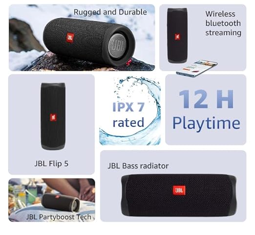 JBL Flip 5 Wireless Portable Bluetooth Speaker, Signature Sound with Powerful Bass Radiator, Vibrant Colors with Rugged Fabric Design, Party Boost, IPX7 Waterproof & Type C (Without Mic, Black)