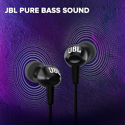 JBL C100SI Wired In Ear Headphones with Mic, JBL Pure Bass Sound, One Button Multi-function Remote, Premium Metallic Finish, Angled Buds for Comfort fit (Black)