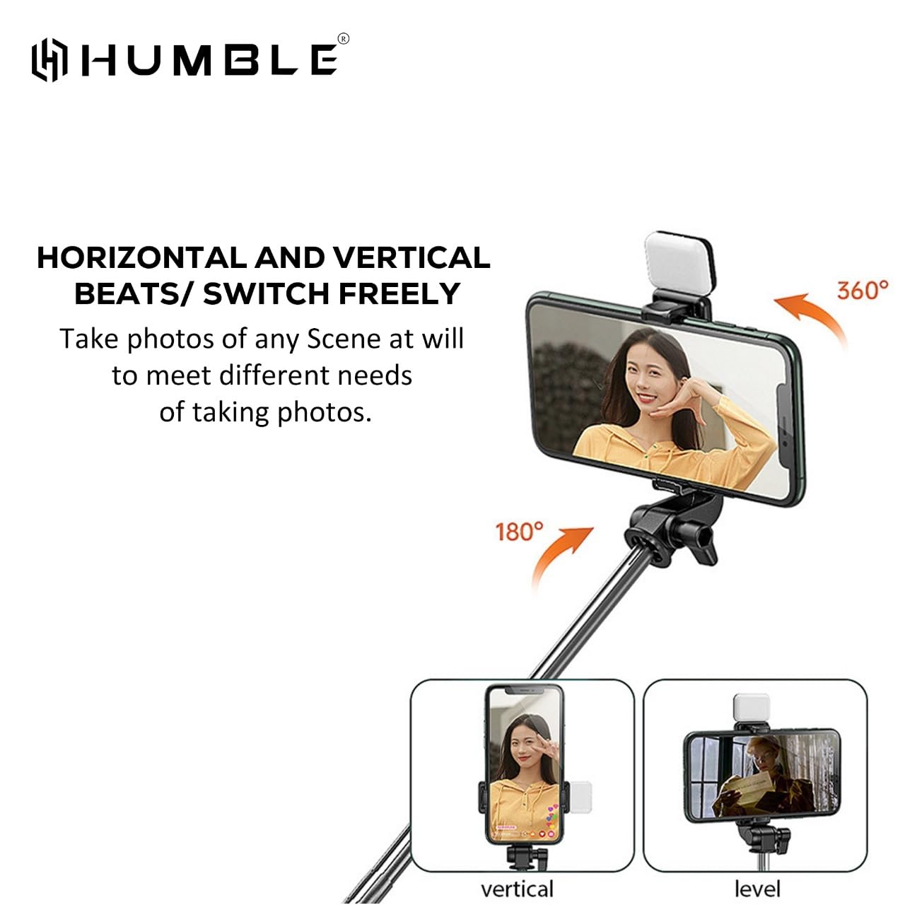 HUMBLE Bluetooth Selfie Sticks with Remote and Selfie Light, 3-in-1 Multifunctional Selfie Stick Tripod Stand for Travelling, YouTube Vlogging Video, Compatible with All Smartphones (70 cm)