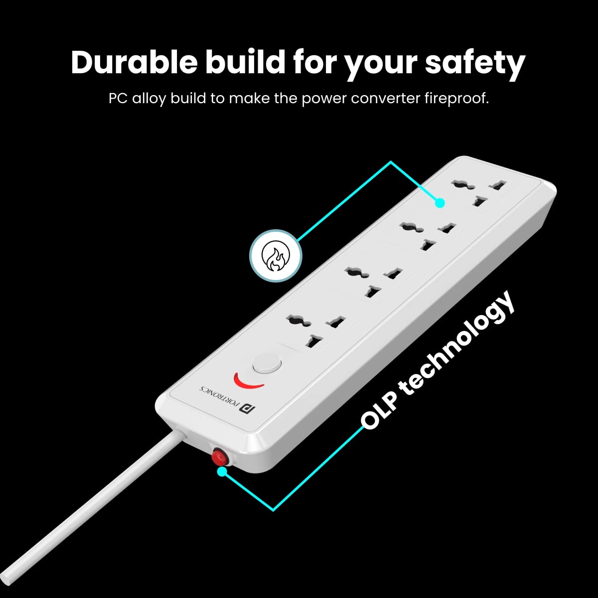 Portronics Power Plate 11 1500W Power Converter with 4 Power Sockets, 3M Cord Length, Short Circuit Protection, Imported Intelligent Chips (White)