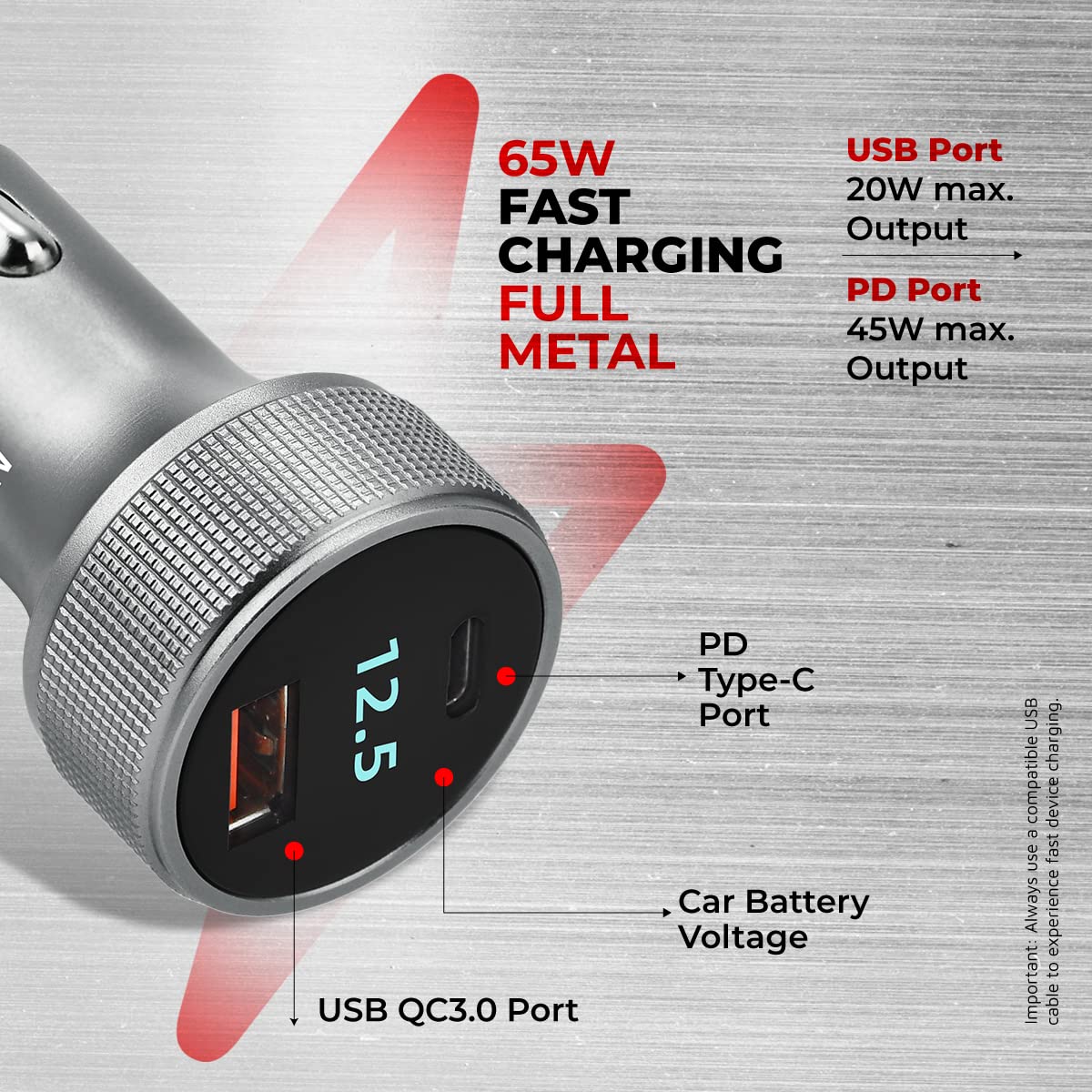 pTron Bullet Ultima Mini 65W Car Charger with Dual Output, Fast Charging (Type-C PD 45W & 20W USB QC 3.0A), Lightweight & Durable Metal Body &...