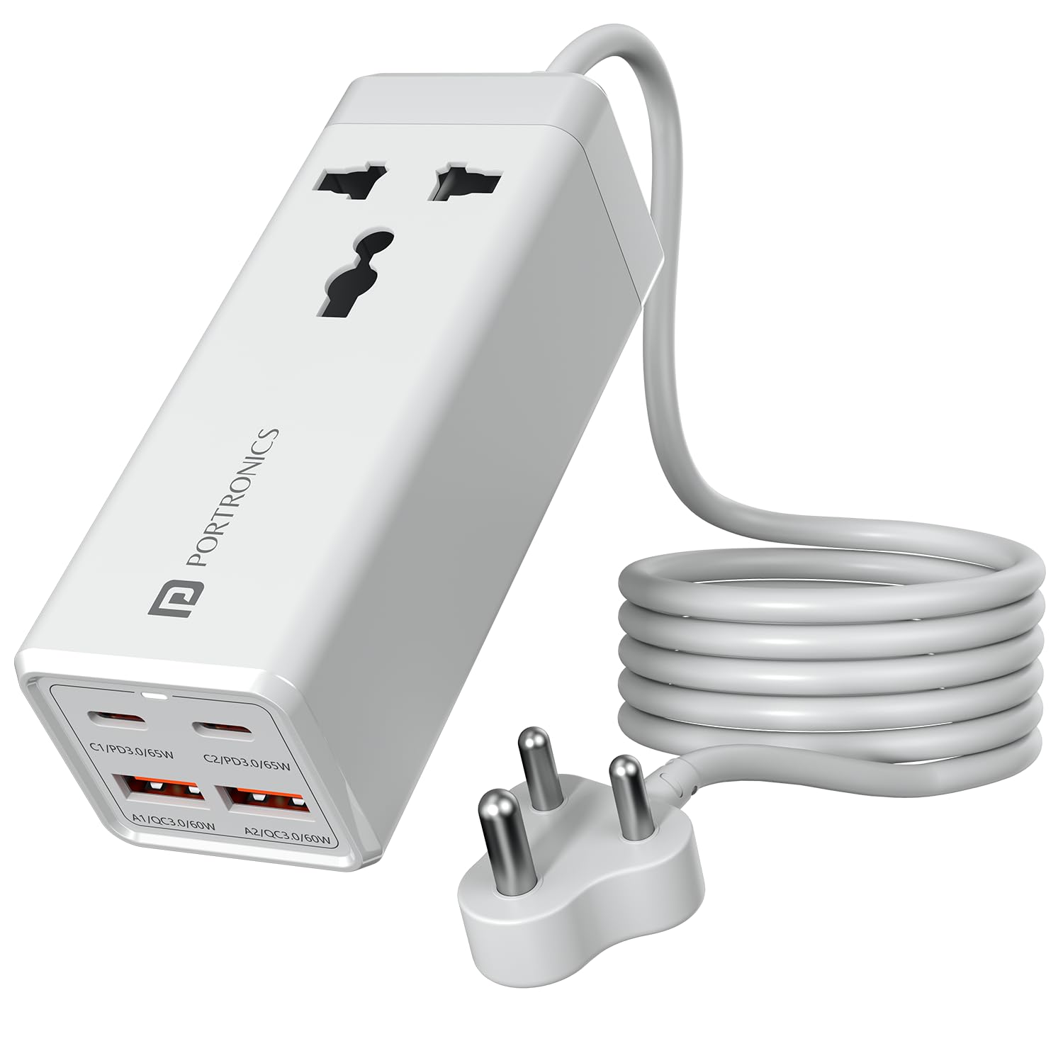 Portronics Adapto Volt 65 65W High Speed 5-in-1 Power Strip with 2 Type C PD Ports, 2 Mach USB Ports and 1 AC Power Socket, Compatible with Laptop...