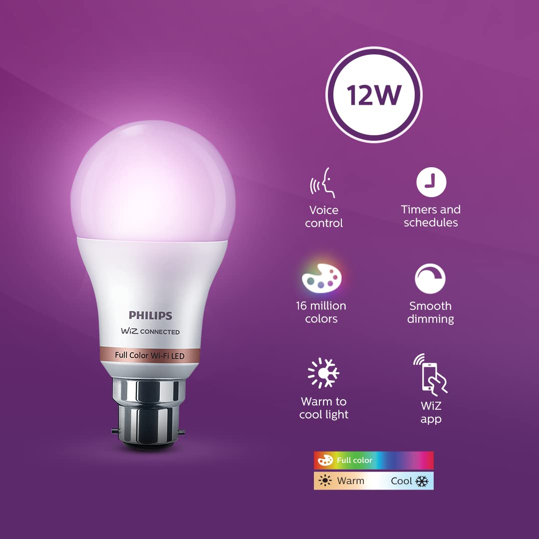 PHILIPS Wiz 12W NEO Smart Wi-Fi LED B22 Bulb | Compatible with Amazon Alexa and Google Assistant (16M Colours +Shades of White + Dimmable + Tunable), Pack of 1